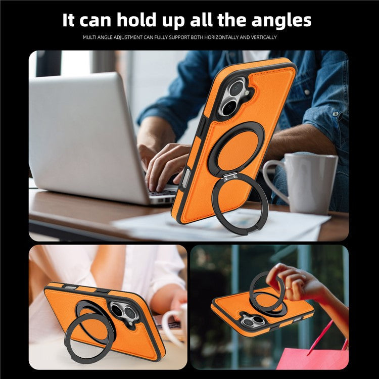 For iPhone 16 Magnetic Case Rotate Ring Kickstand PU Leather+PC+TPU Back Cover - Orange