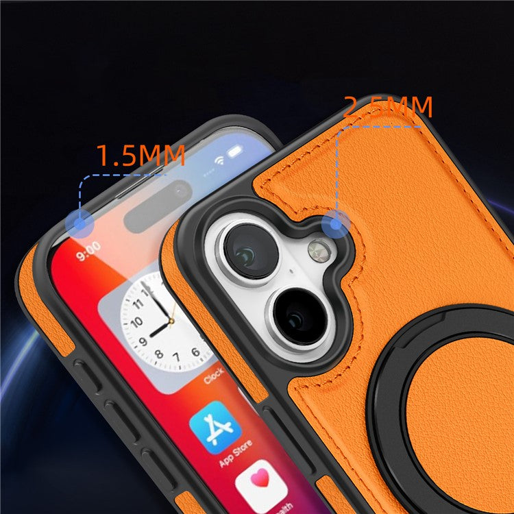 For iPhone 16 Magnetic Case Rotate Ring Kickstand PU Leather+PC+TPU Back Cover - Orange