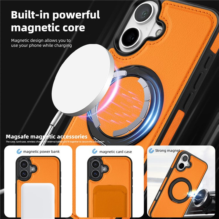 For iPhone 16 Magnetic Case Rotate Ring Kickstand PU Leather+PC+TPU Back Cover - Orange