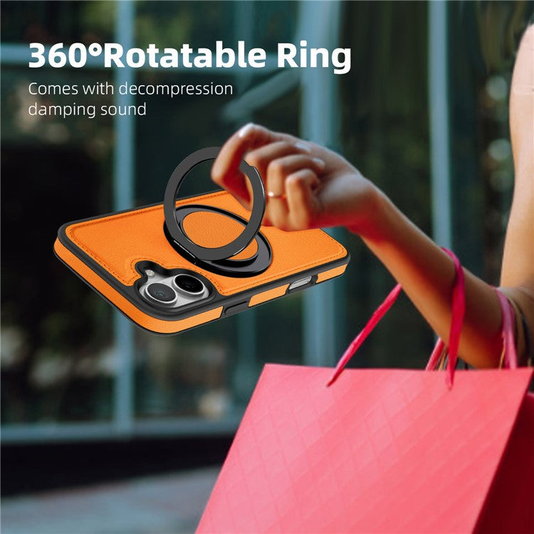For iPhone 16 Magnetic Case Rotate Ring Kickstand PU Leather+PC+TPU Back Cover - Orange
