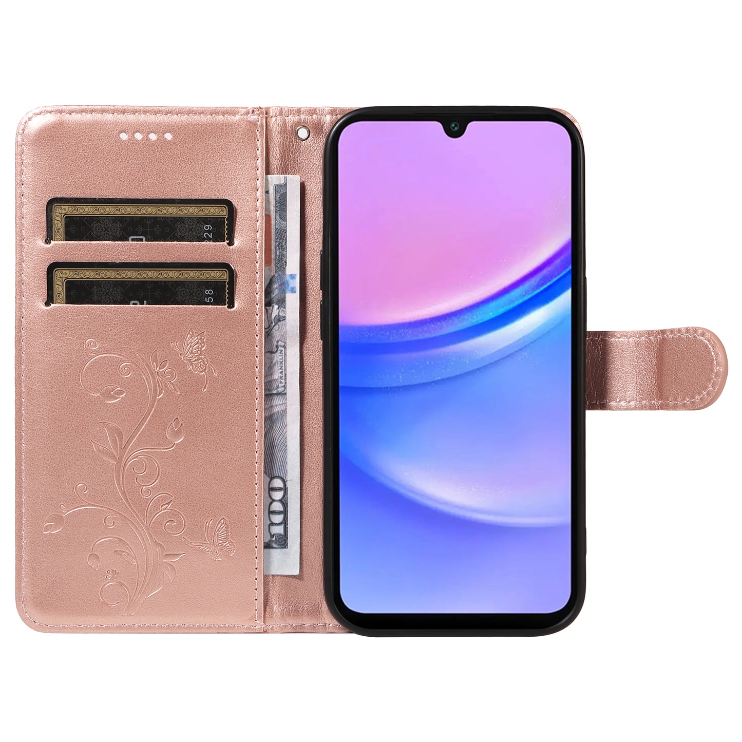 For Samsung Galaxy A16 5G / A16 4G Case Flower Pattern PU Leather Wallet Phone Cover - Rose Gold