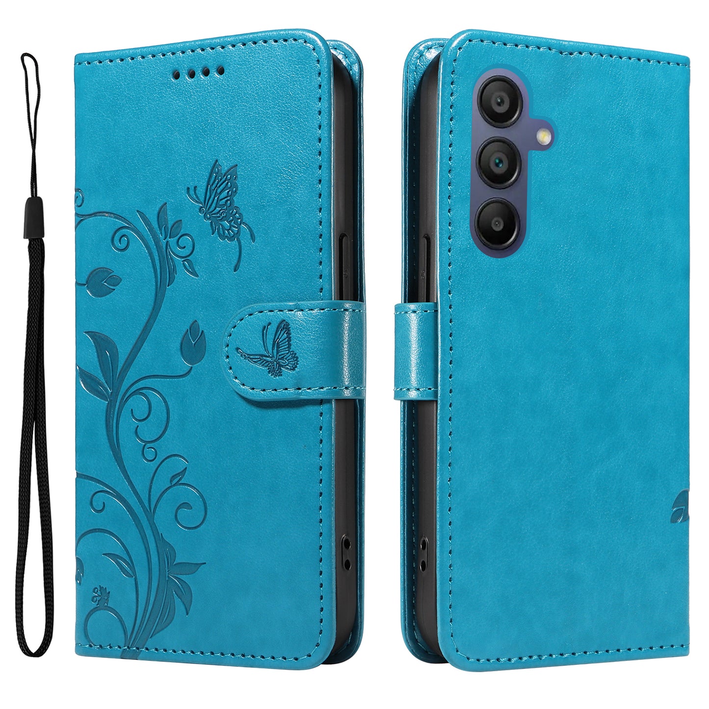 For Samsung Galaxy A16 5G / A16 4G Case Flower Pattern PU Leather Wallet Phone Cover - Blue