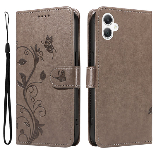 For Samsung Galaxy A06 Case Flower Pattern PU Leather Wallet Phone Cover - Grey