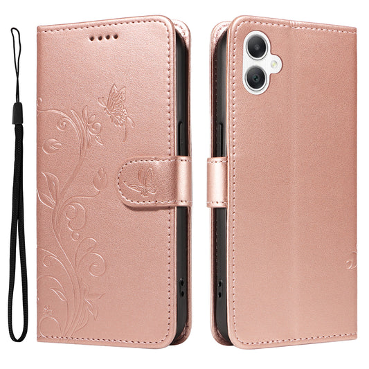 For Samsung Galaxy A06 Case Flower Pattern PU Leather Wallet Phone Cover - Rose Gold