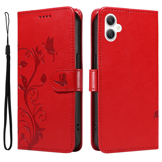 For Samsung Galaxy A06 Case Flower Pattern PU Leather Wallet Phone Cover - Red