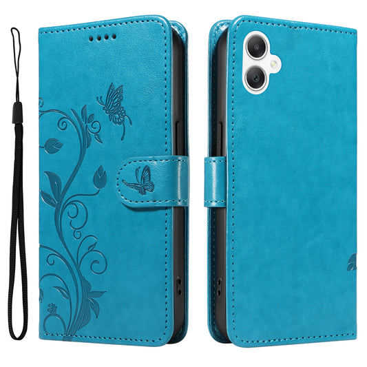 For Samsung Galaxy A06 Case Flower Pattern PU Leather Wallet Phone Cover - Blue
