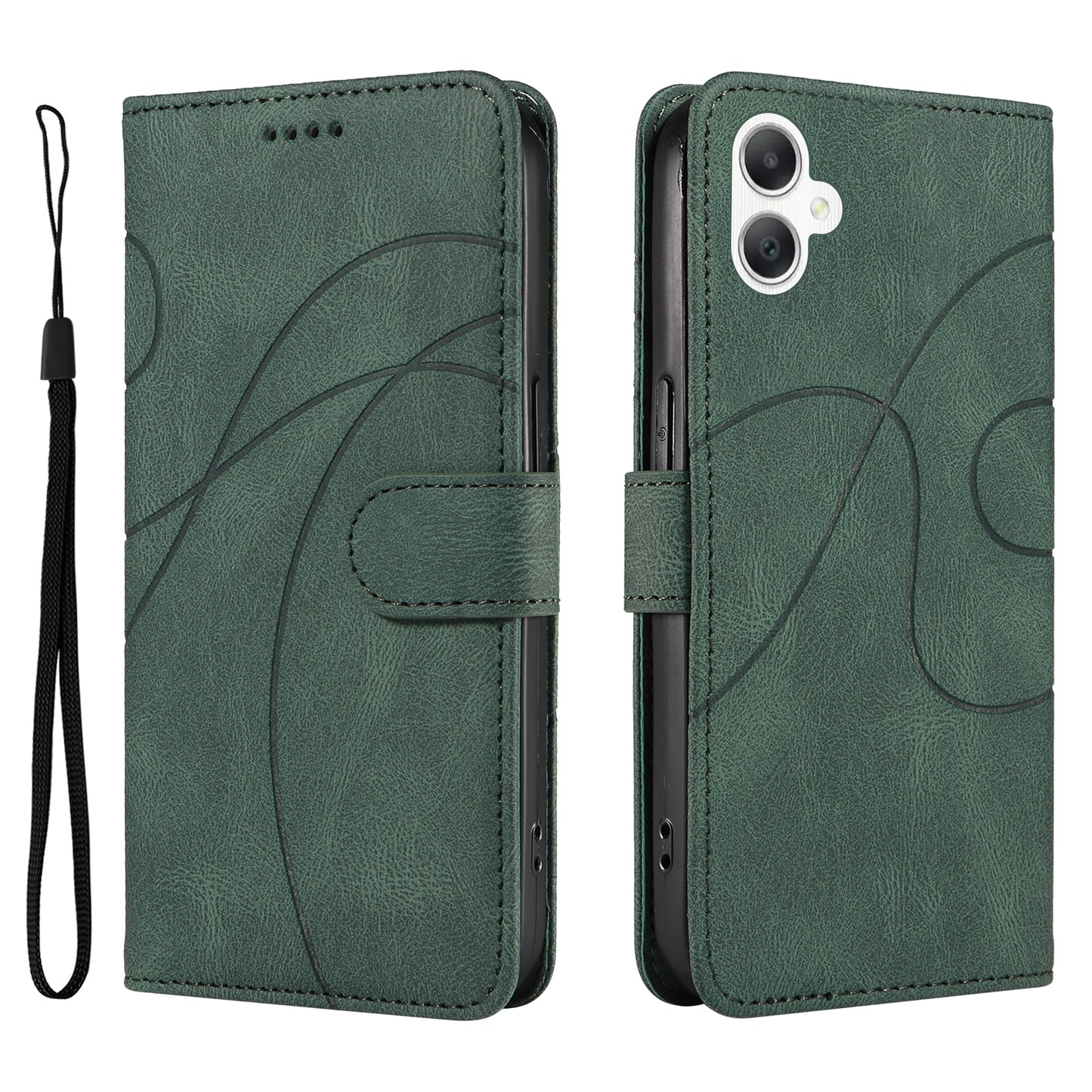 For Samsung Galaxy A06 Case Stand Wallet Leather Phone Cover Curved Line Wrist Strap - Green