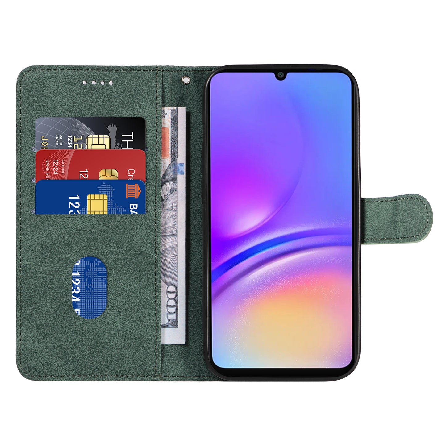 For Samsung Galaxy A06 Case Stand Wallet Leather Phone Cover Curved Line Wrist Strap - Green