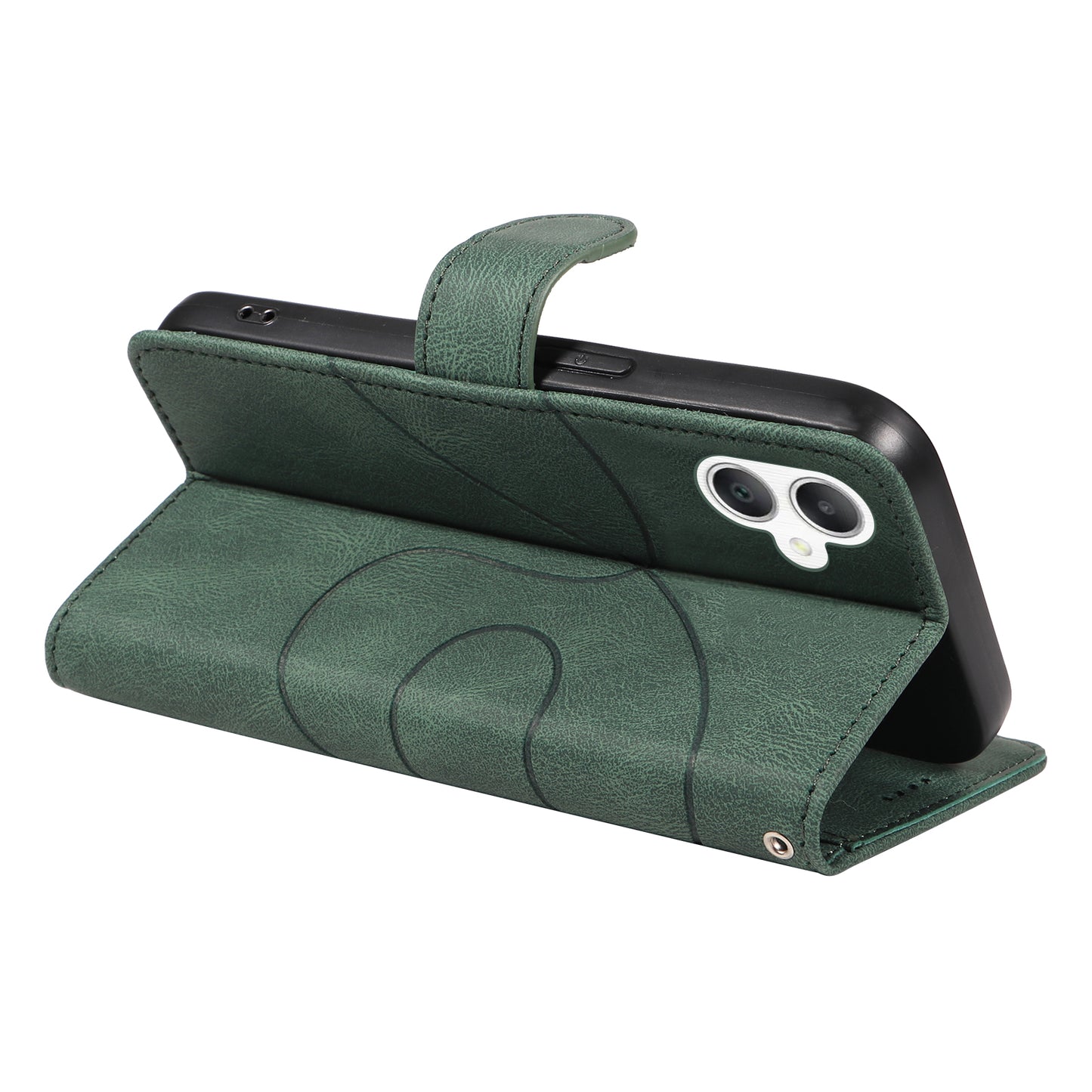 For Samsung Galaxy A06 Case Stand Wallet Leather Phone Cover Curved Line Wrist Strap - Green