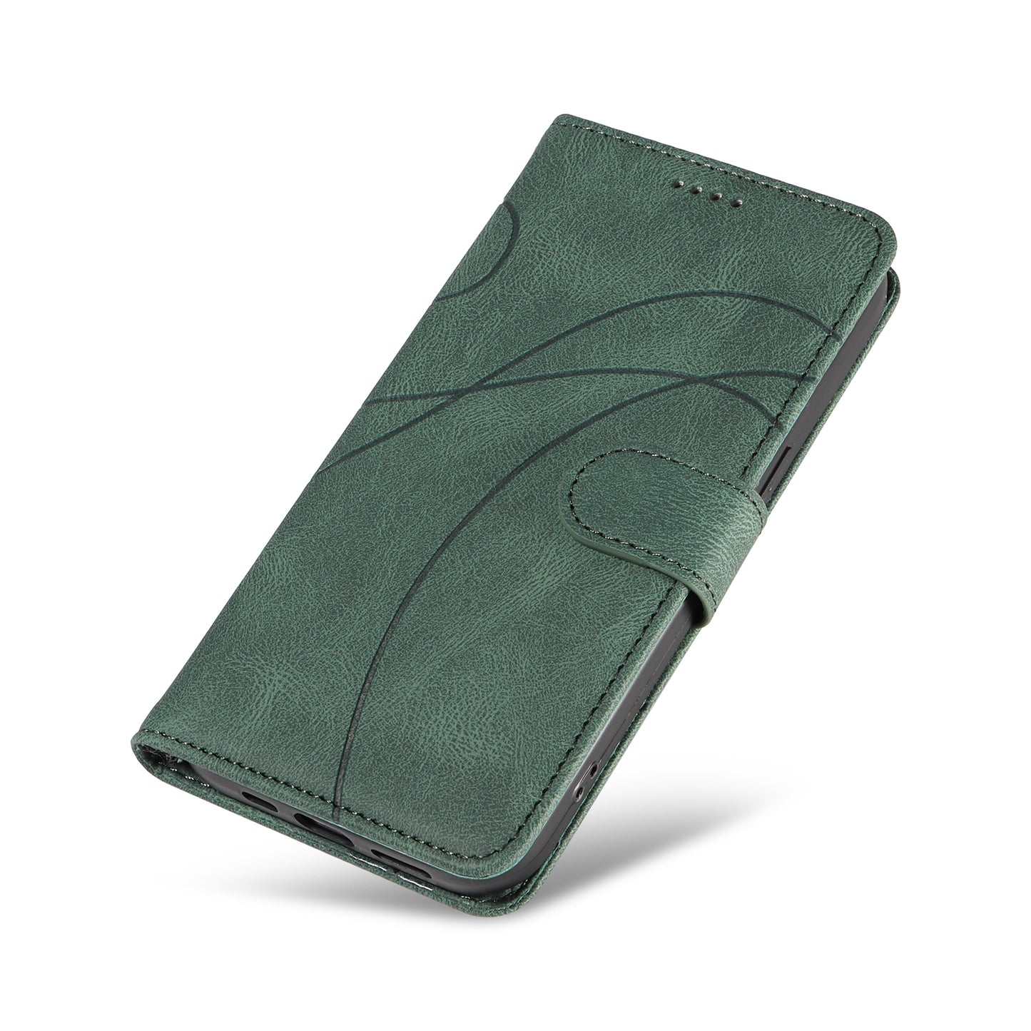 For Samsung Galaxy A06 Case Stand Wallet Leather Phone Cover Curved Line Wrist Strap - Green