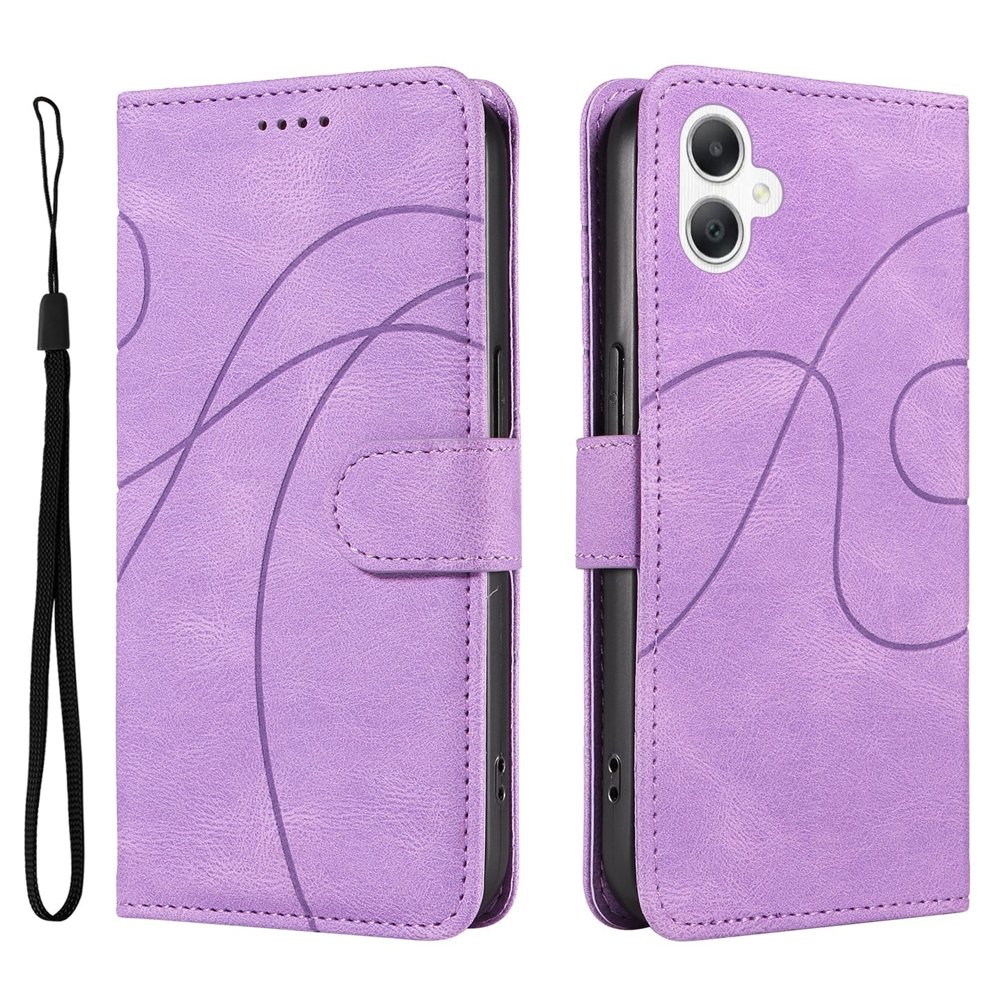 For Samsung Galaxy A06 Case Stand Wallet Leather Phone Cover Curved Line Wrist Strap - Light Purple