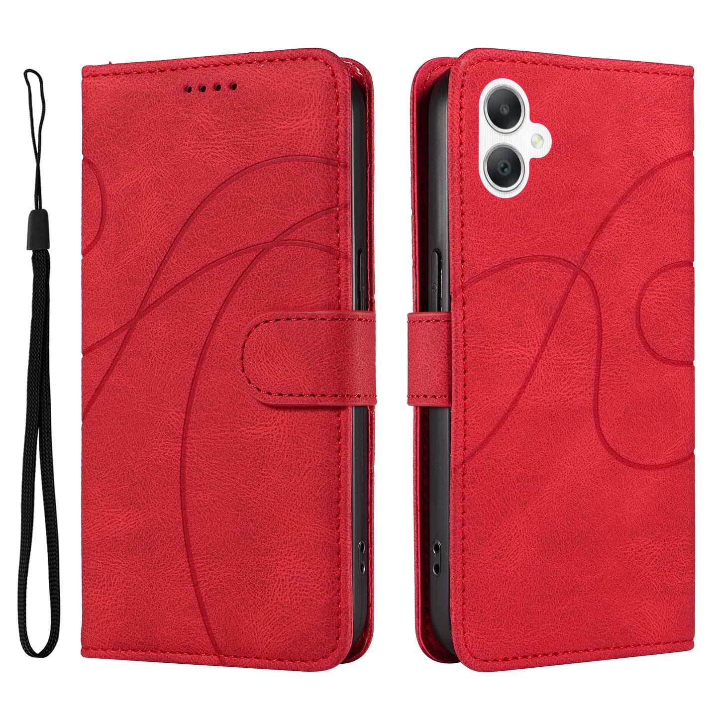 For Samsung Galaxy A06 Case Stand Wallet Leather Phone Cover Curved Line Wrist Strap - Red