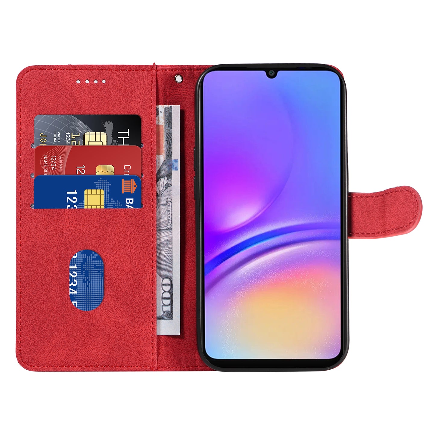 For Samsung Galaxy A06 Case Stand Wallet Leather Phone Cover Curved Line Wrist Strap - Red