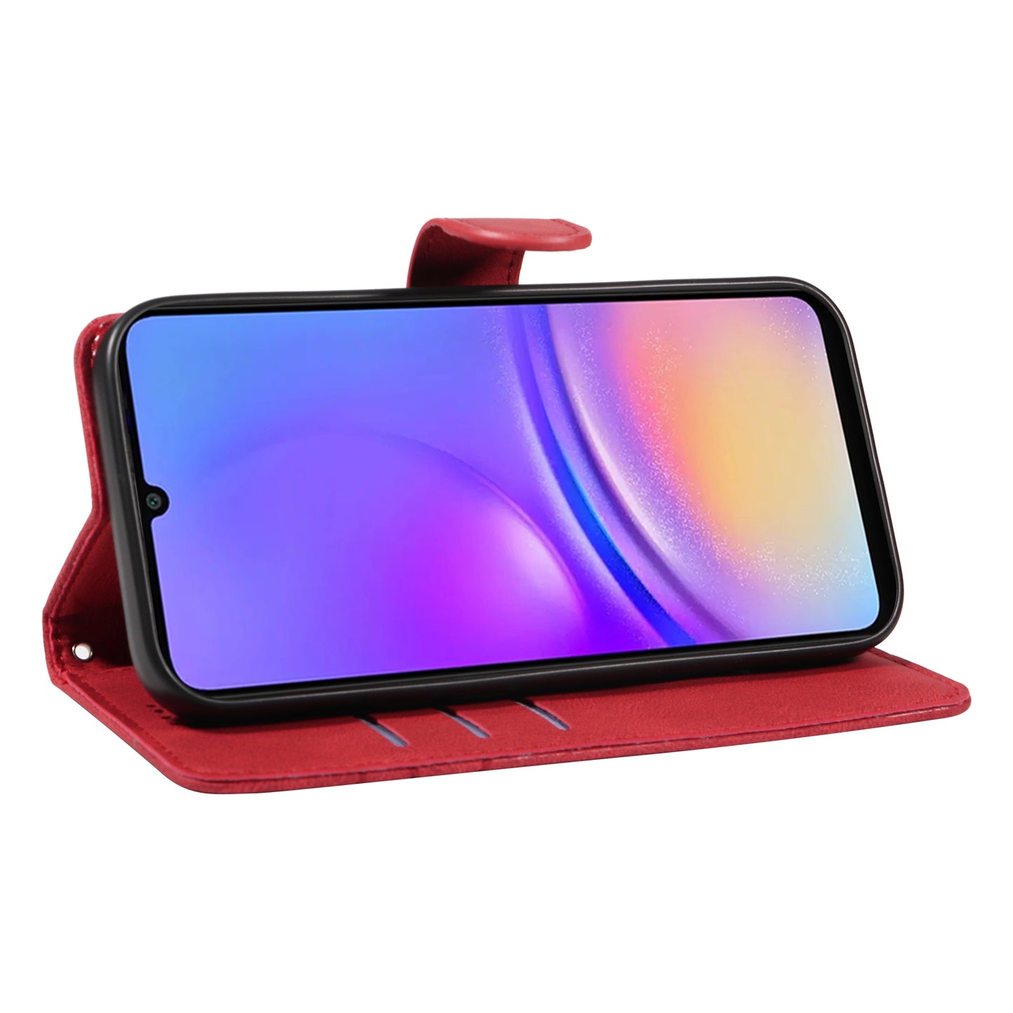 For Samsung Galaxy A06 Case Stand Wallet Leather Phone Cover Curved Line Wrist Strap - Red