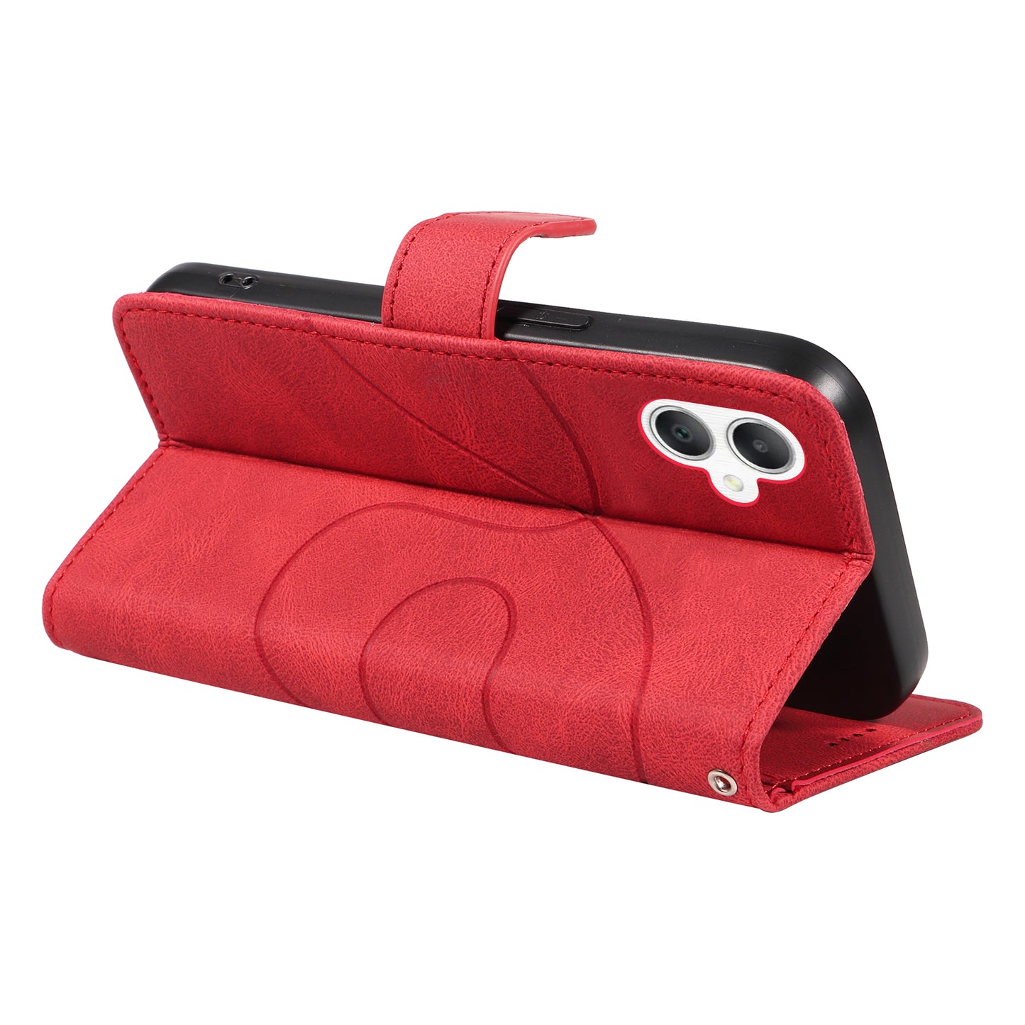 For Samsung Galaxy A06 Case Stand Wallet Leather Phone Cover Curved Line Wrist Strap - Red