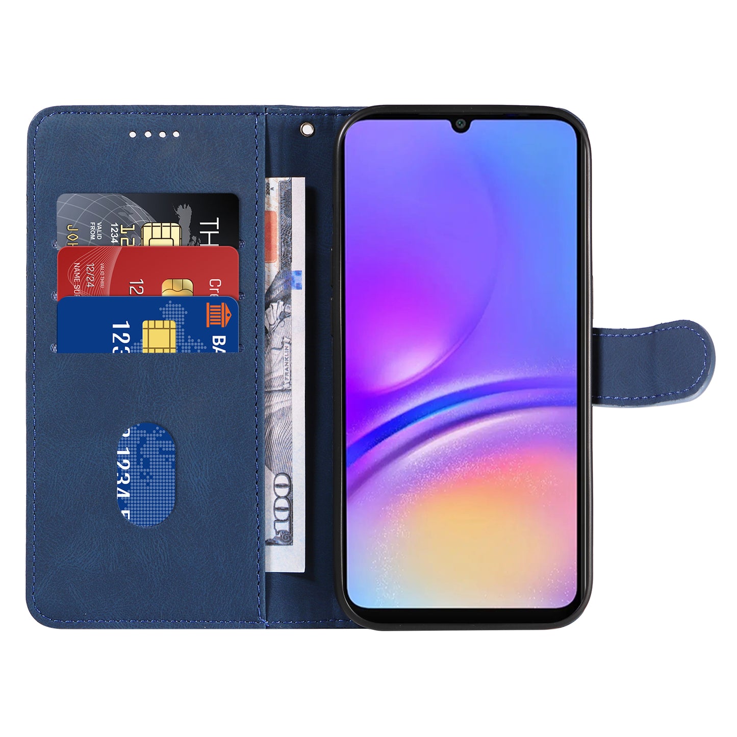 For Samsung Galaxy A06 Case Stand Wallet Leather Phone Cover Curved Line Wrist Strap - Blue