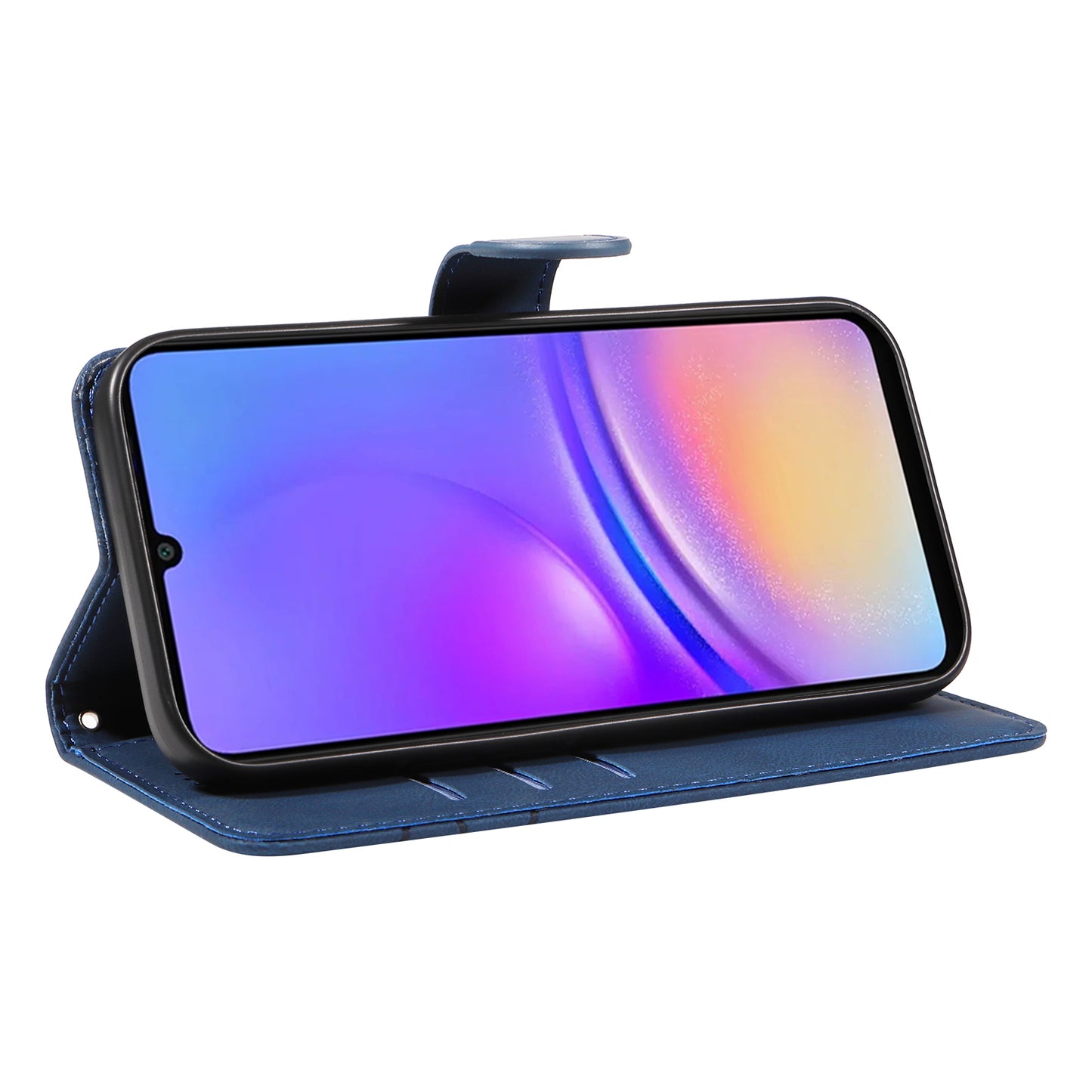 For Samsung Galaxy A06 Case Stand Wallet Leather Phone Cover Curved Line Wrist Strap - Blue