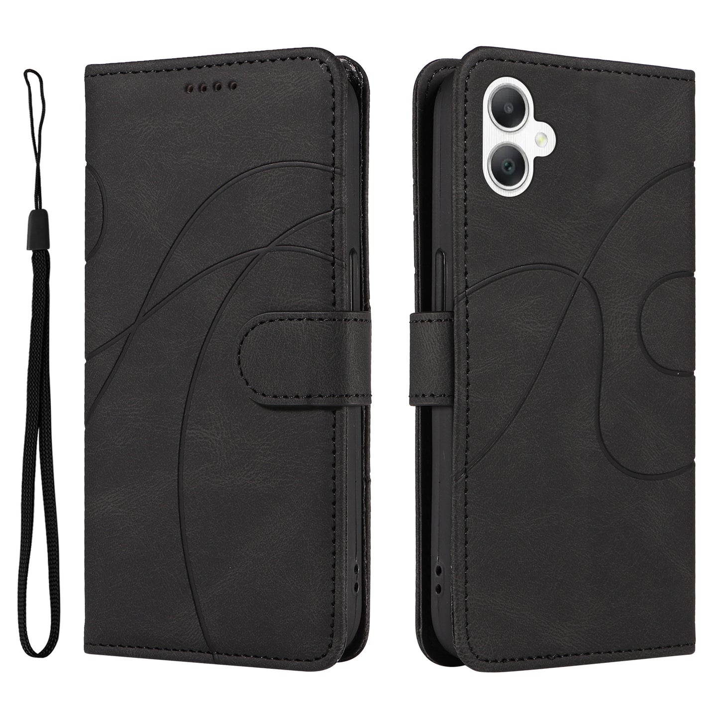 For Samsung Galaxy A06 Case Stand Wallet Leather Phone Cover Curved Line Wrist Strap - Black
