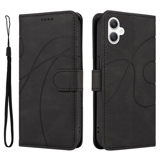 For Samsung Galaxy A06 Case Stand Wallet Leather Phone Cover Curved Line Wrist Strap - Black