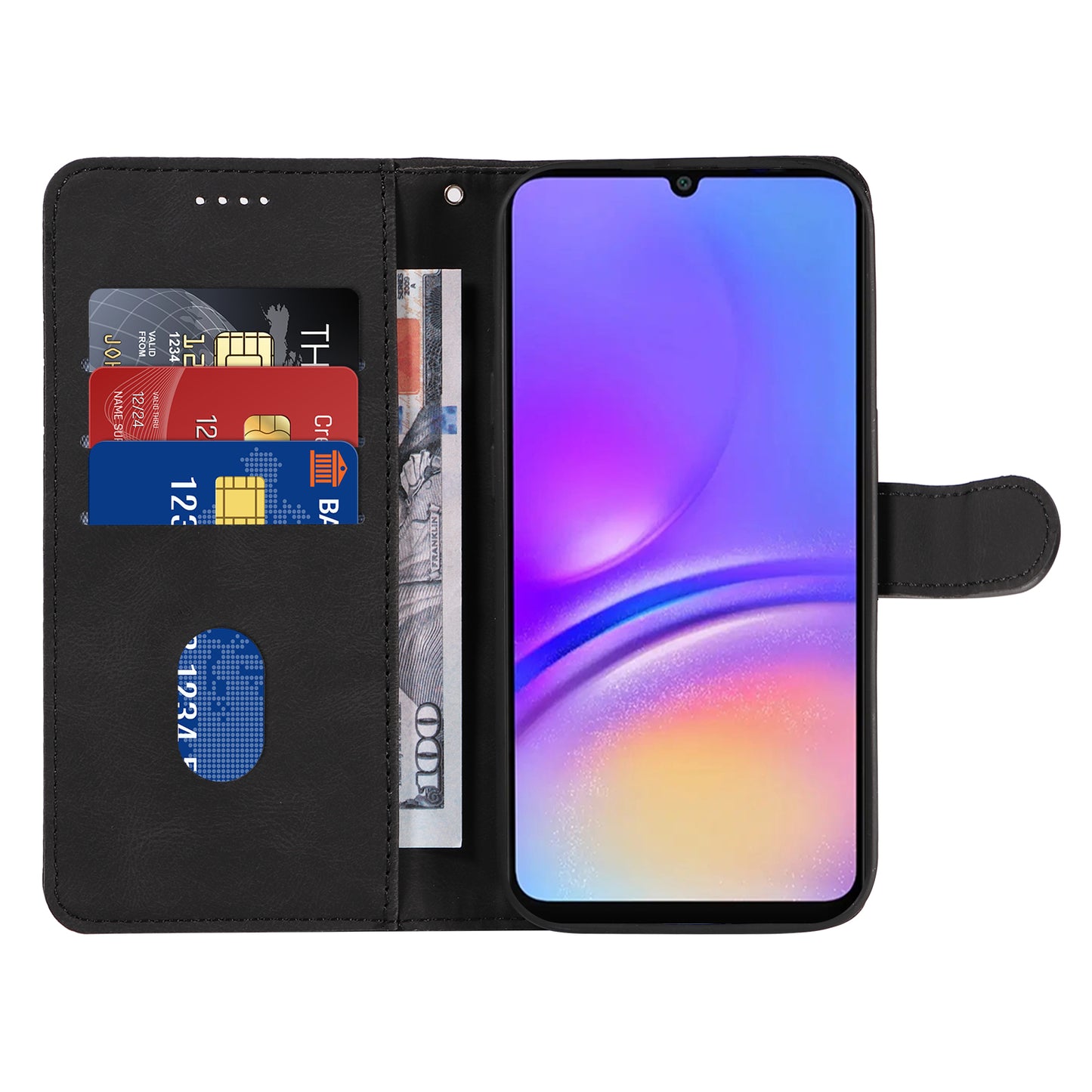 For Samsung Galaxy A06 Case Stand Wallet Leather Phone Cover Curved Line Wrist Strap - Black