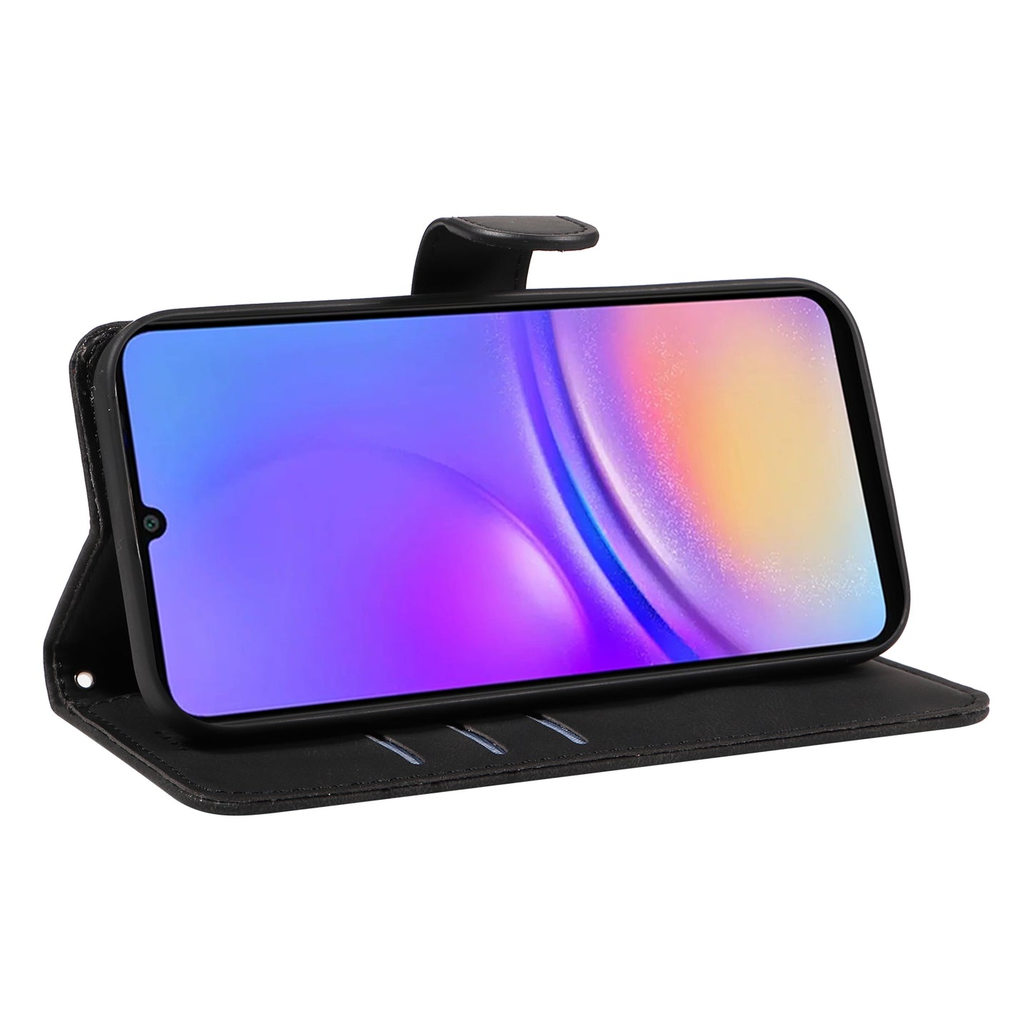 For Samsung Galaxy A06 Case Stand Wallet Leather Phone Cover Curved Line Wrist Strap - Black