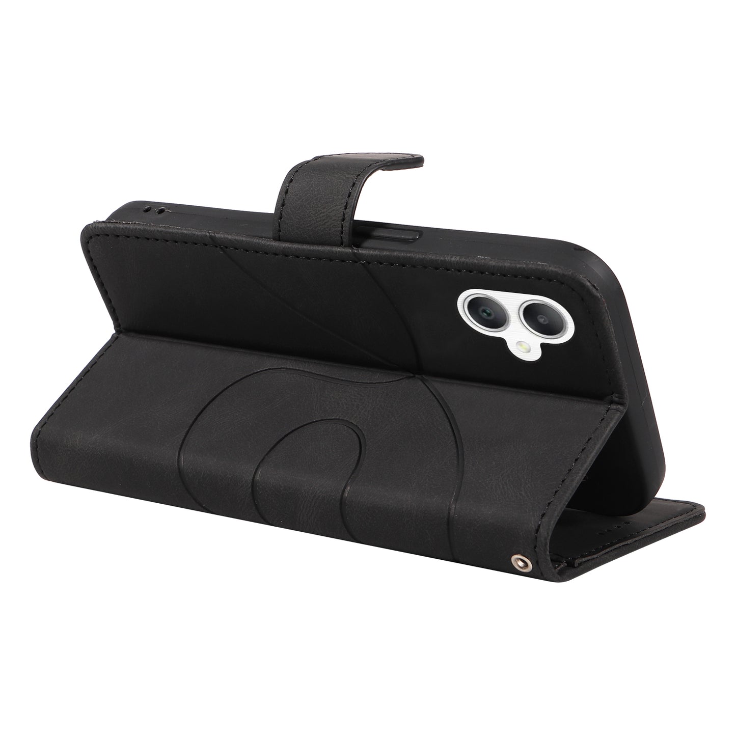 For Samsung Galaxy A06 Case Stand Wallet Leather Phone Cover Curved Line Wrist Strap - Black