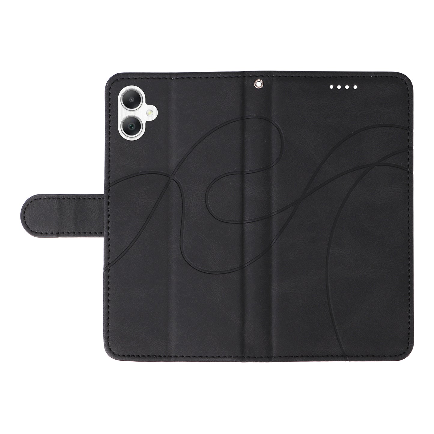 For Samsung Galaxy A06 Case Stand Wallet Leather Phone Cover Curved Line Wrist Strap - Black