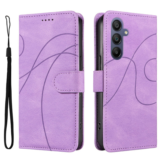 For Samsung Galaxy A16 5G / A16 4G Case Stand Wallet Leather Phone Cover Curved Line Wrist Strap - Light Purple