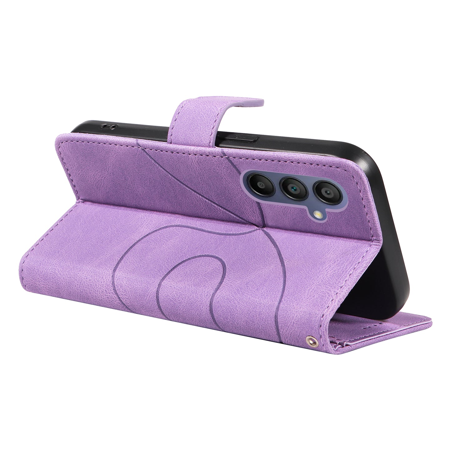 For Samsung Galaxy A16 5G / A16 4G Case Stand Wallet Leather Phone Cover Curved Line Wrist Strap - Light Purple