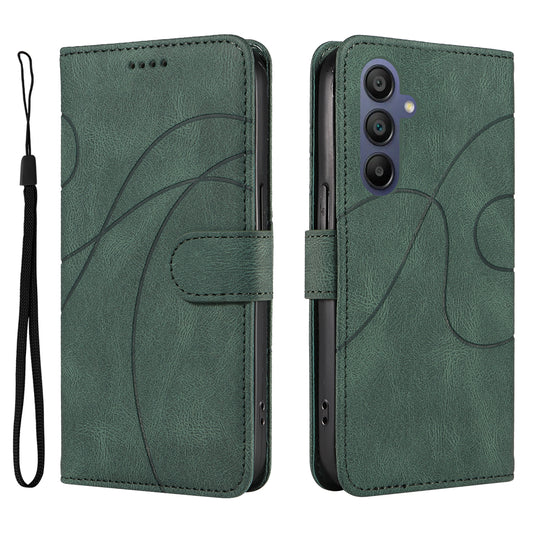 For Samsung Galaxy A16 5G / A16 4G Case Stand Wallet Leather Phone Cover Curved Line Wrist Strap - Green