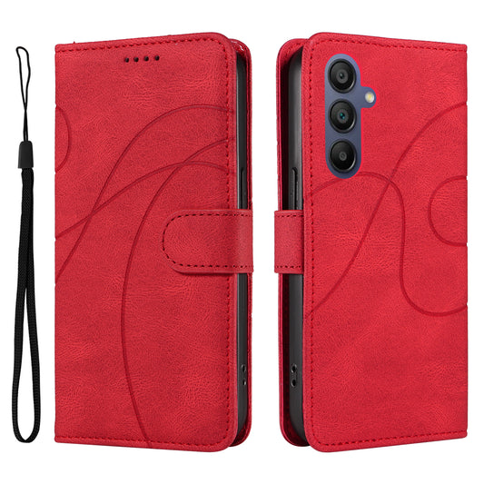 For Samsung Galaxy A16 5G / A16 4G Case Stand Wallet Leather Phone Cover Curved Line Wrist Strap - Red