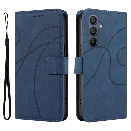 For Samsung Galaxy A16 5G / A16 4G Case Stand Wallet Leather Phone Cover Curved Line Wrist Strap - Blue