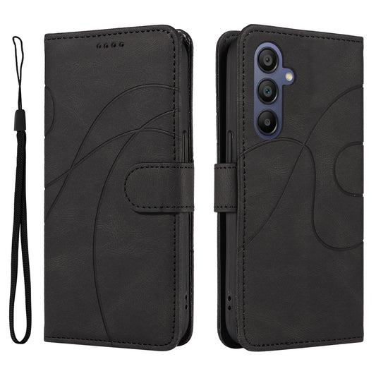 For Samsung Galaxy A16 5G / A16 4G Case Stand Wallet Leather Phone Cover Curved Line Wrist Strap - Black