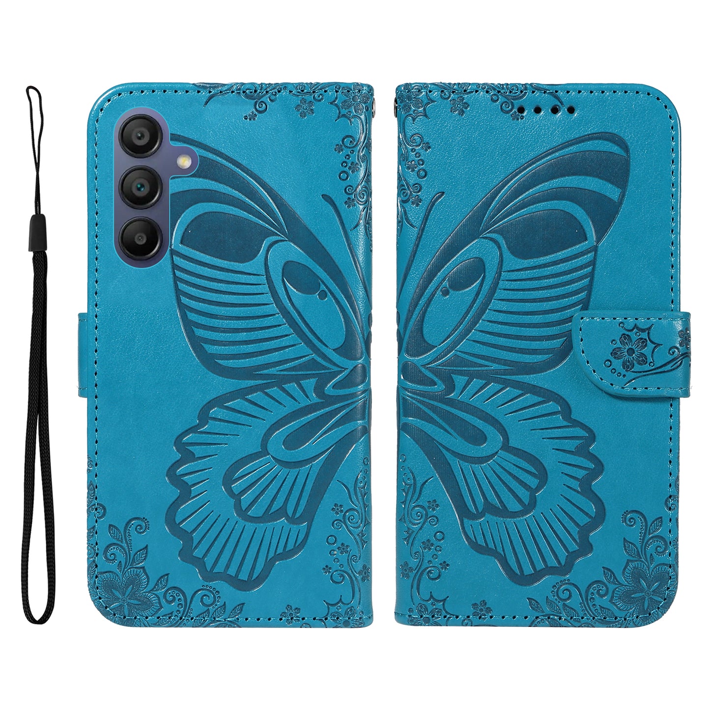 For Samsung Galaxy A16 5G / A16 4G Case Butterfly Pattern Leather Wallet Flip Phone Cover - Blue