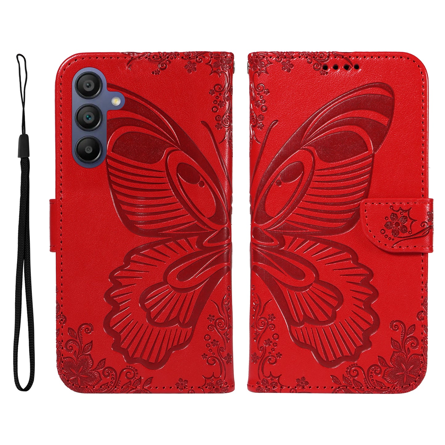 For Samsung Galaxy A16 5G / A16 4G Case Butterfly Pattern Leather Wallet Flip Phone Cover - Red
