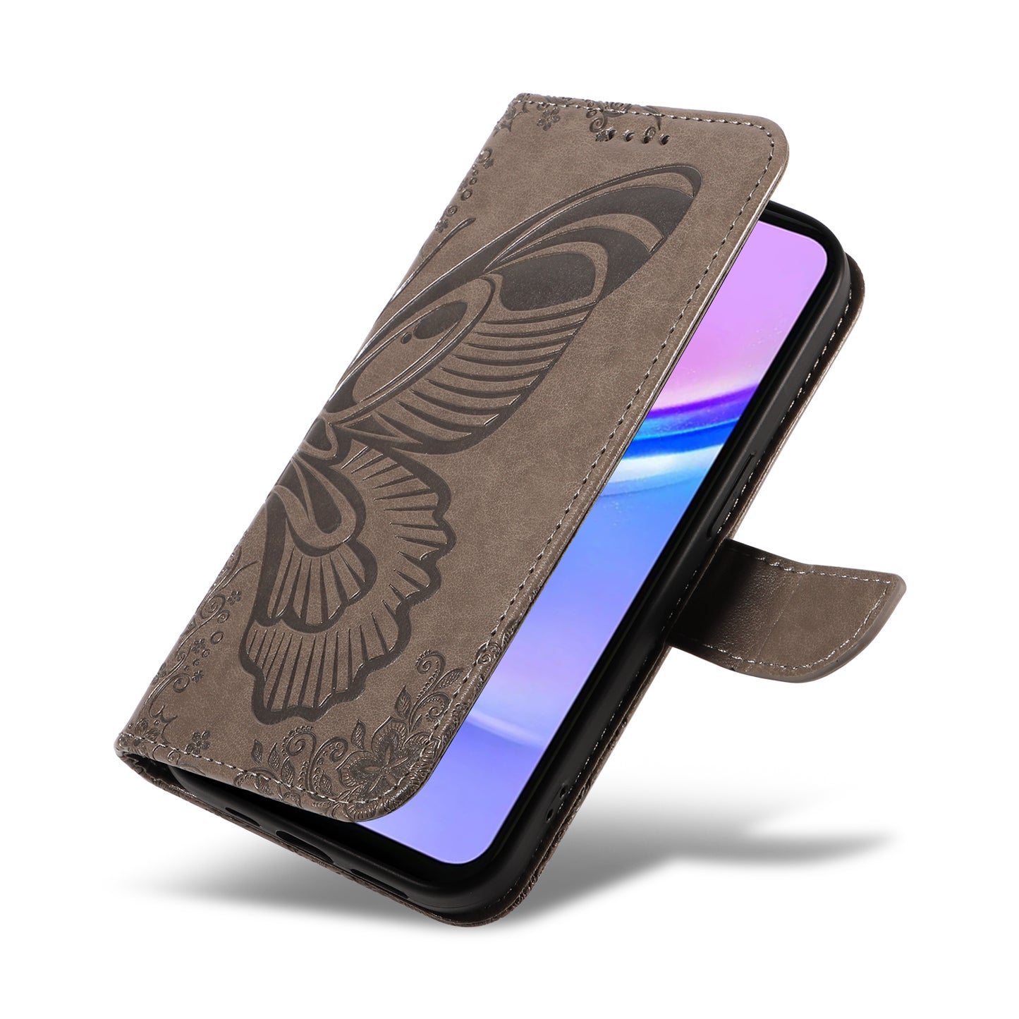 For Samsung Galaxy A16 5G / A16 4G Case Butterfly Pattern Leather Wallet Flip Phone Cover - Grey