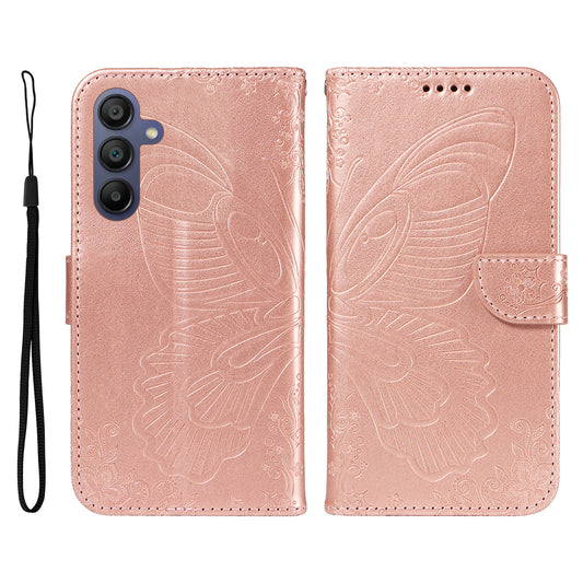 For Samsung Galaxy A16 5G / A16 4G Case Butterfly Pattern Leather Wallet Flip Phone Cover - Rose Gold