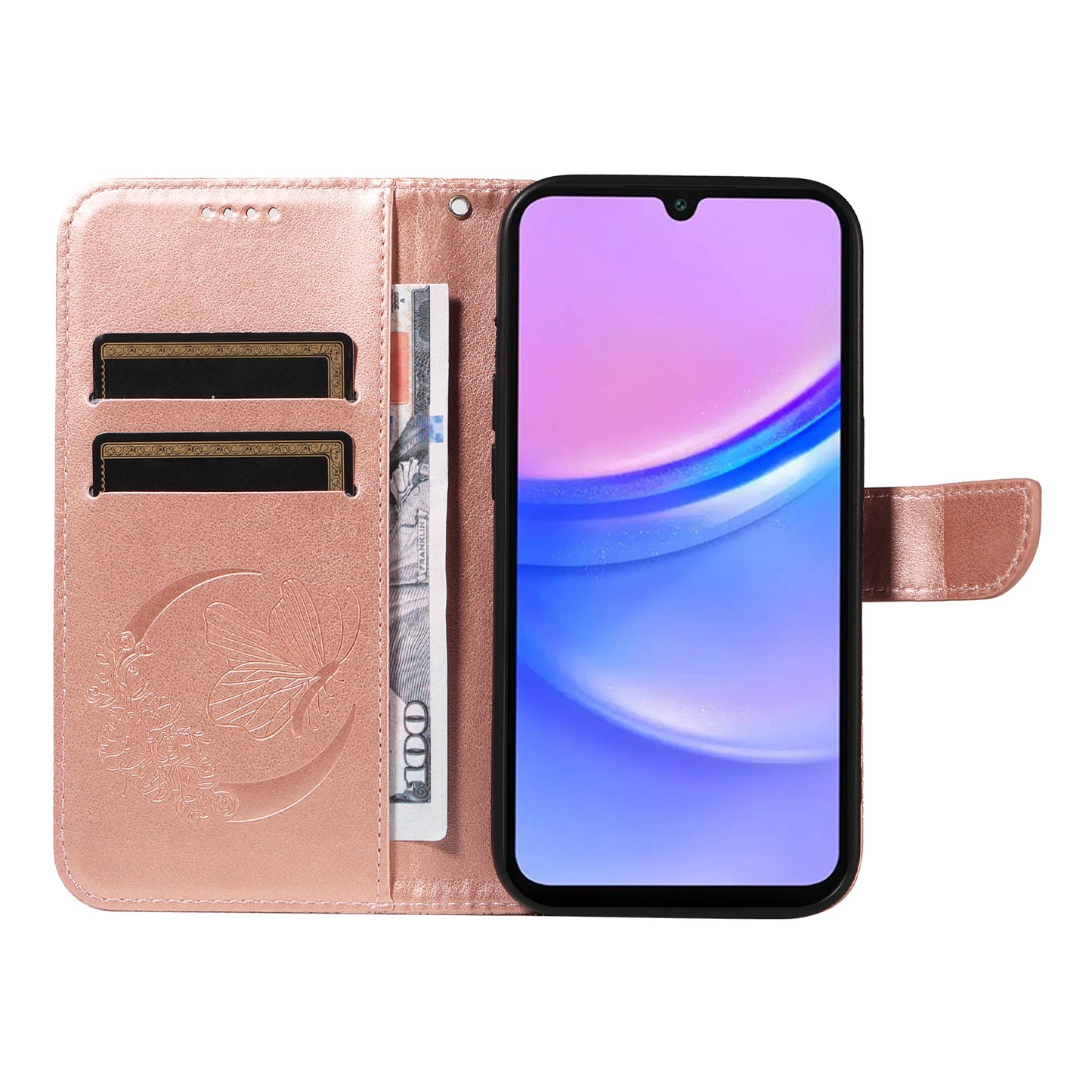 For Samsung Galaxy A16 5G / A16 4G Case Butterfly Pattern Leather Wallet Flip Phone Cover - Rose Gold