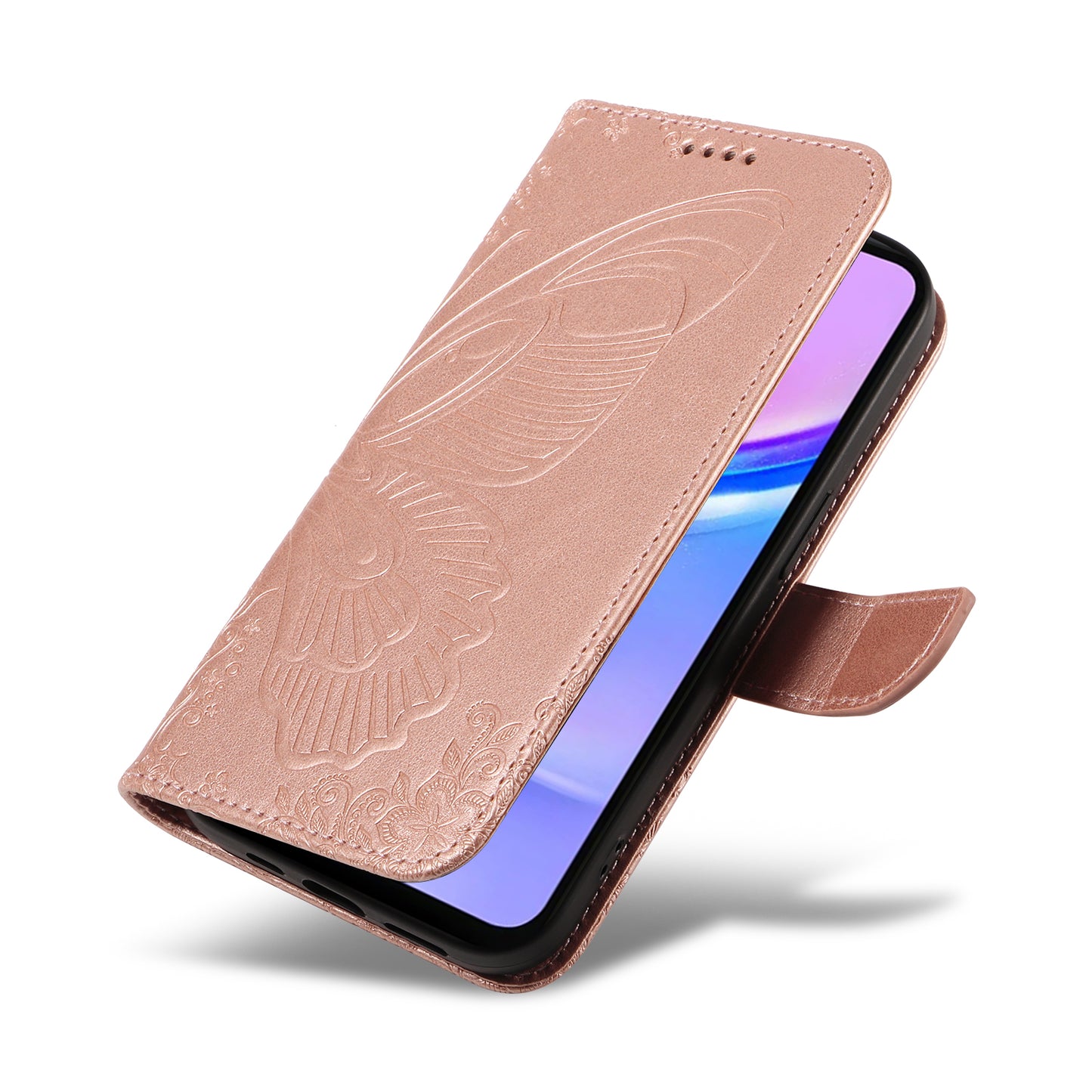For Samsung Galaxy A16 5G / A16 4G Case Butterfly Pattern Leather Wallet Flip Phone Cover - Rose Gold