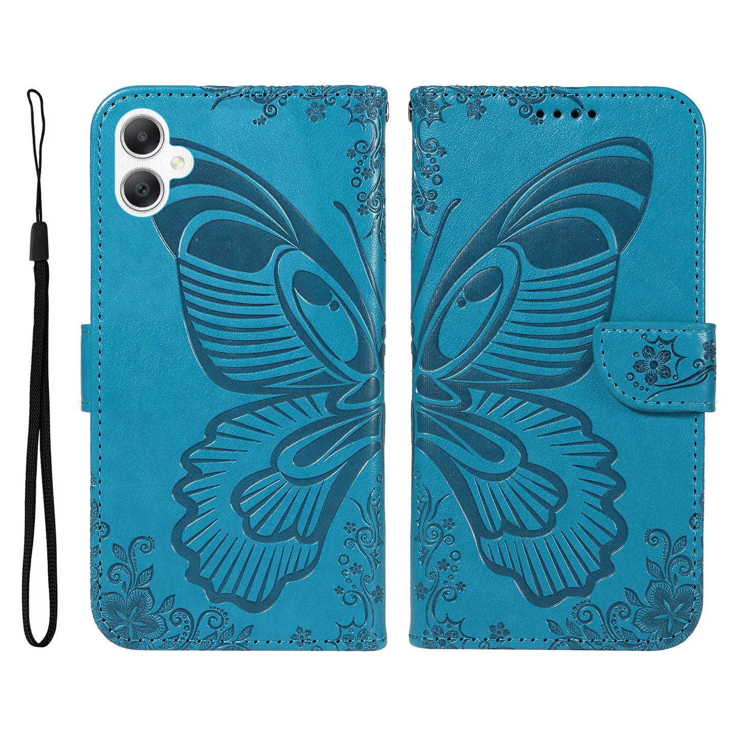 For Samsung Galaxy A06 Case Butterfly Pattern Leather Wallet Flip Phone Cover - Blue