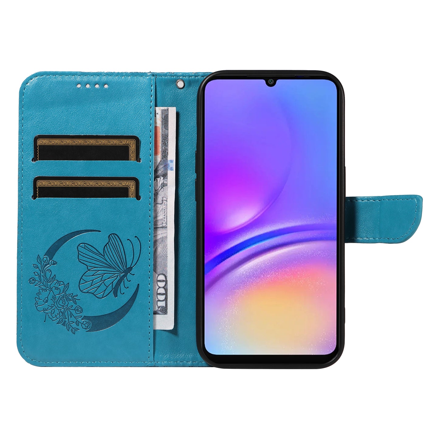 For Samsung Galaxy A06 Case Butterfly Pattern Leather Wallet Flip Phone Cover - Blue