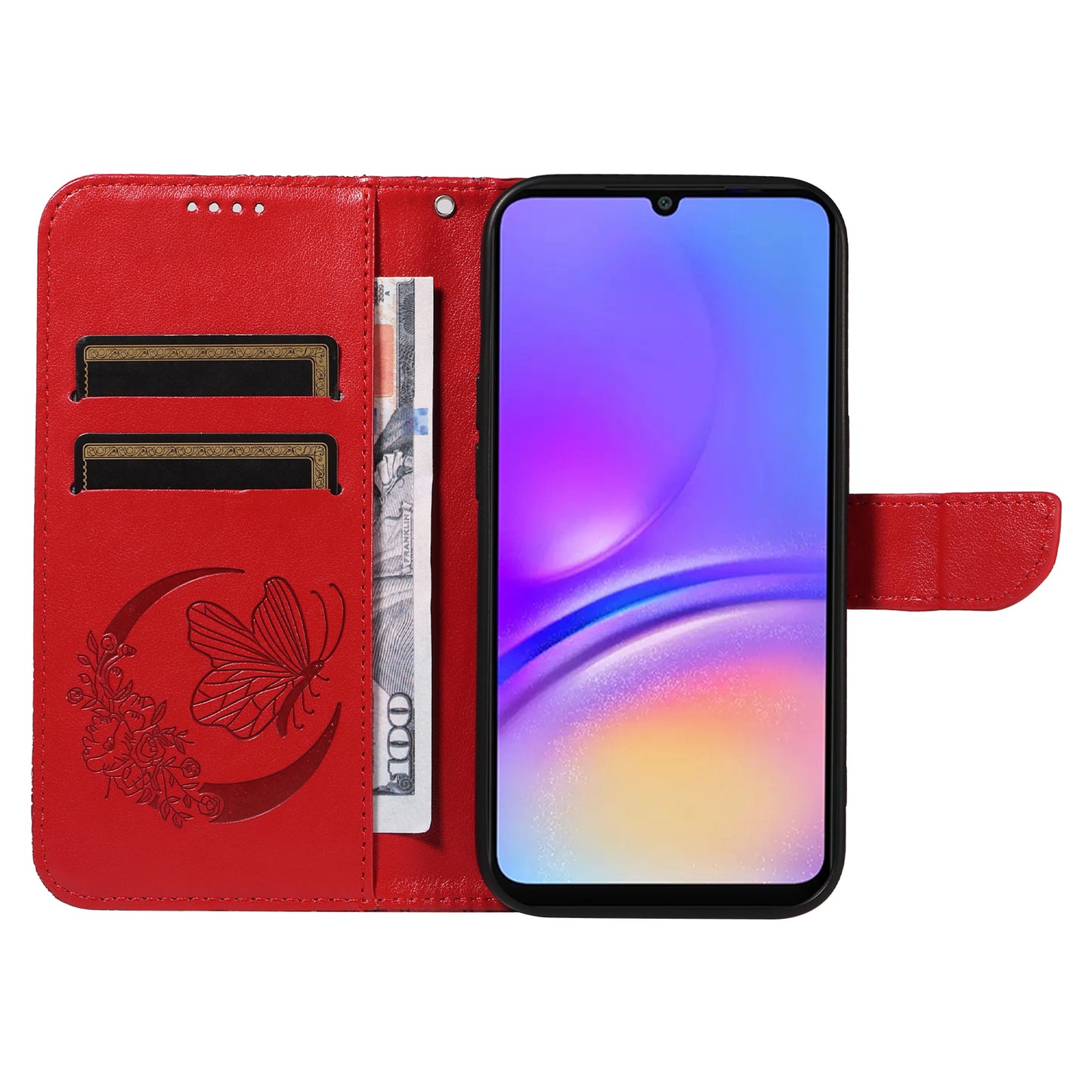 For Samsung Galaxy A06 Case Butterfly Pattern Leather Wallet Flip Phone Cover - Red