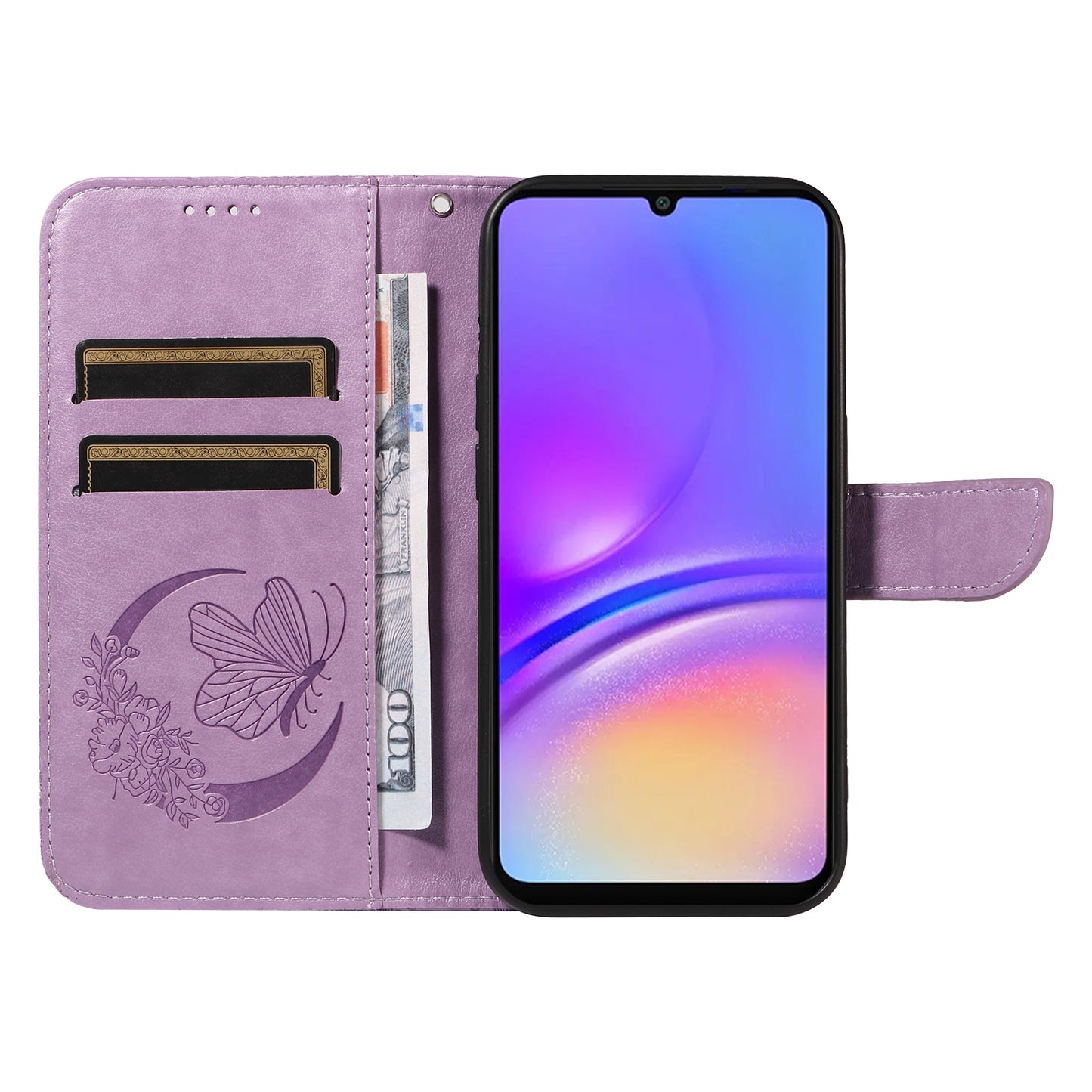 For Samsung Galaxy A06 Case Butterfly Pattern Leather Wallet Flip Phone Cover - Light Purple