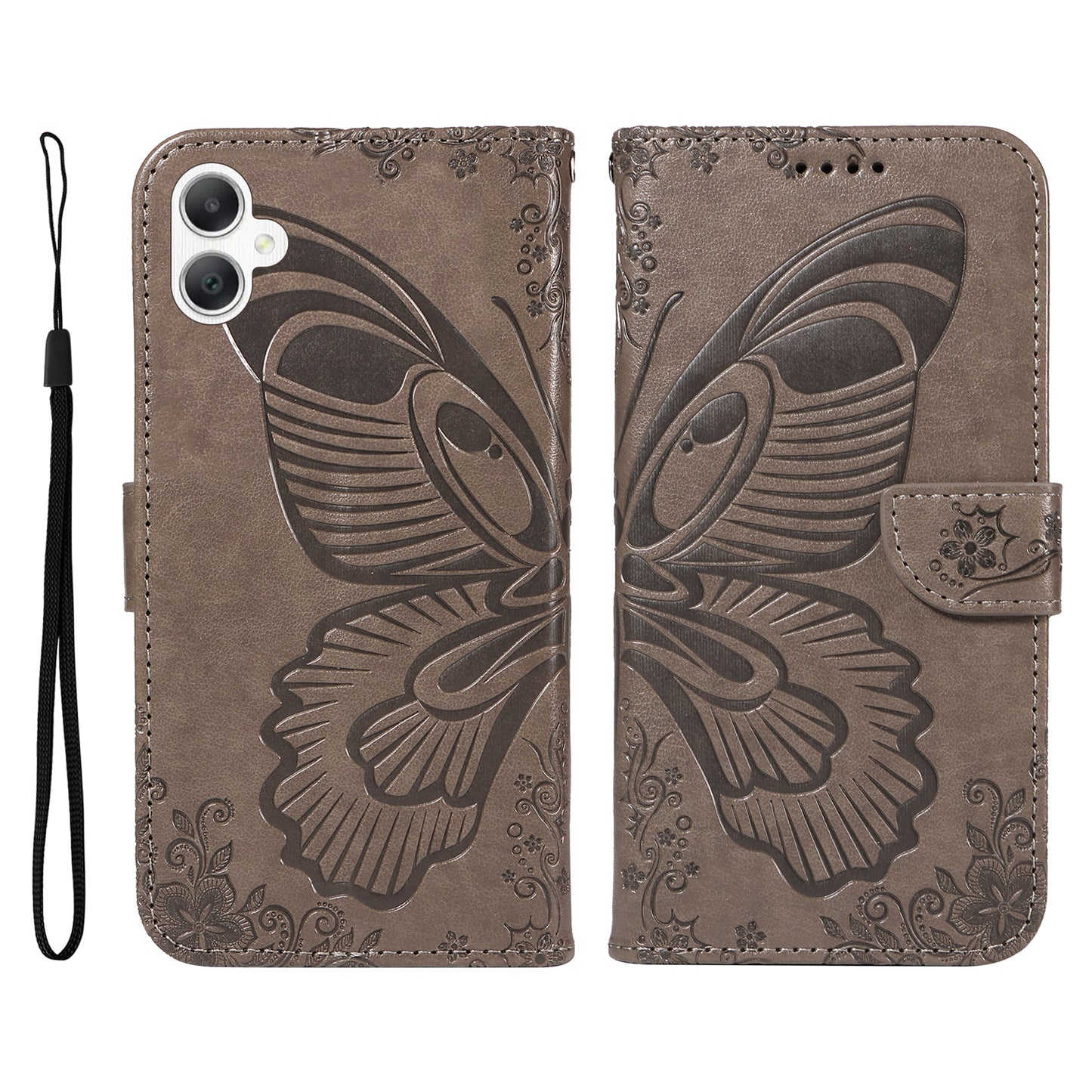 For Samsung Galaxy A06 Case Butterfly Pattern Leather Wallet Flip Phone Cover - Grey