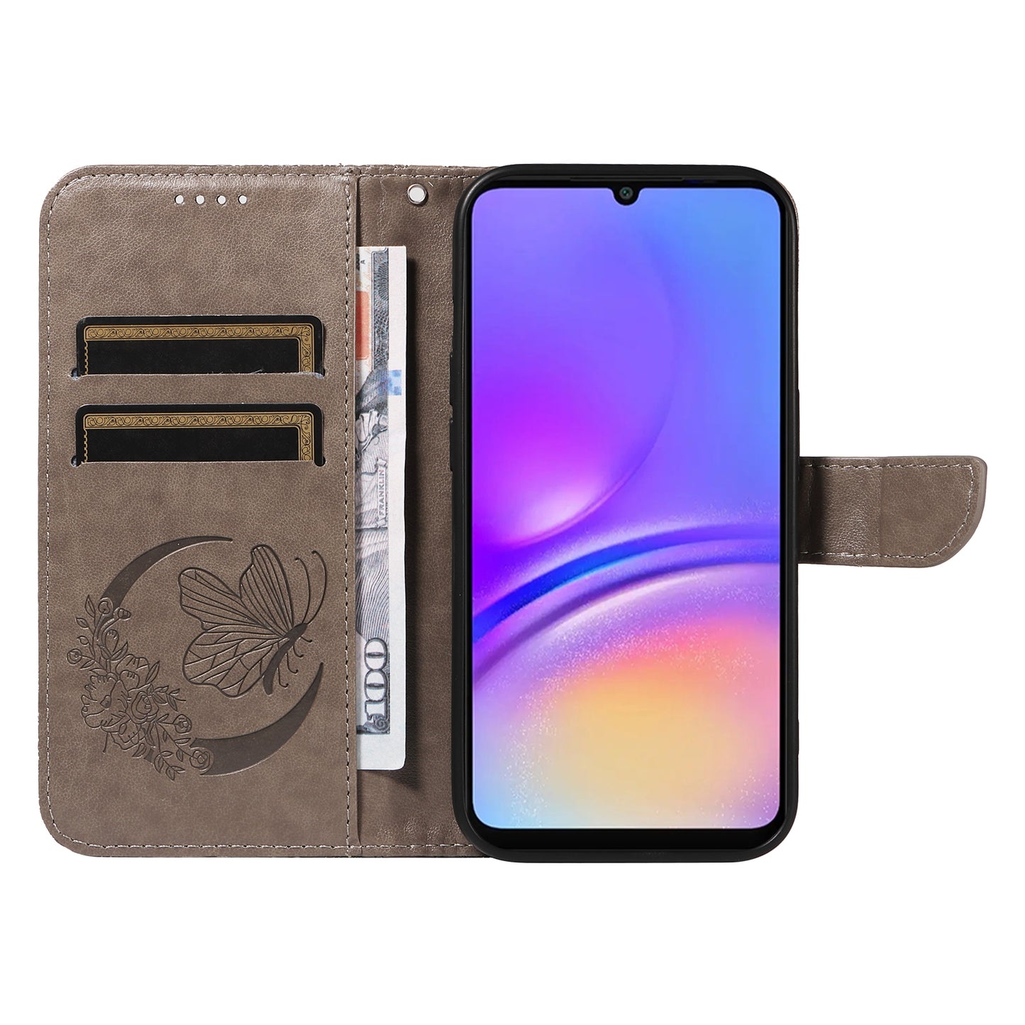 For Samsung Galaxy A06 Case Butterfly Pattern Leather Wallet Flip Phone Cover - Grey