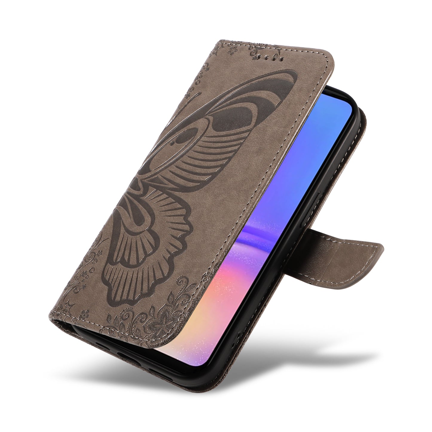 For Samsung Galaxy A06 Case Butterfly Pattern Leather Wallet Flip Phone Cover - Grey