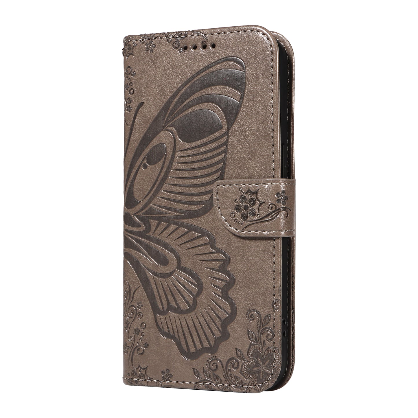For Samsung Galaxy A06 Case Butterfly Pattern Leather Wallet Flip Phone Cover - Grey