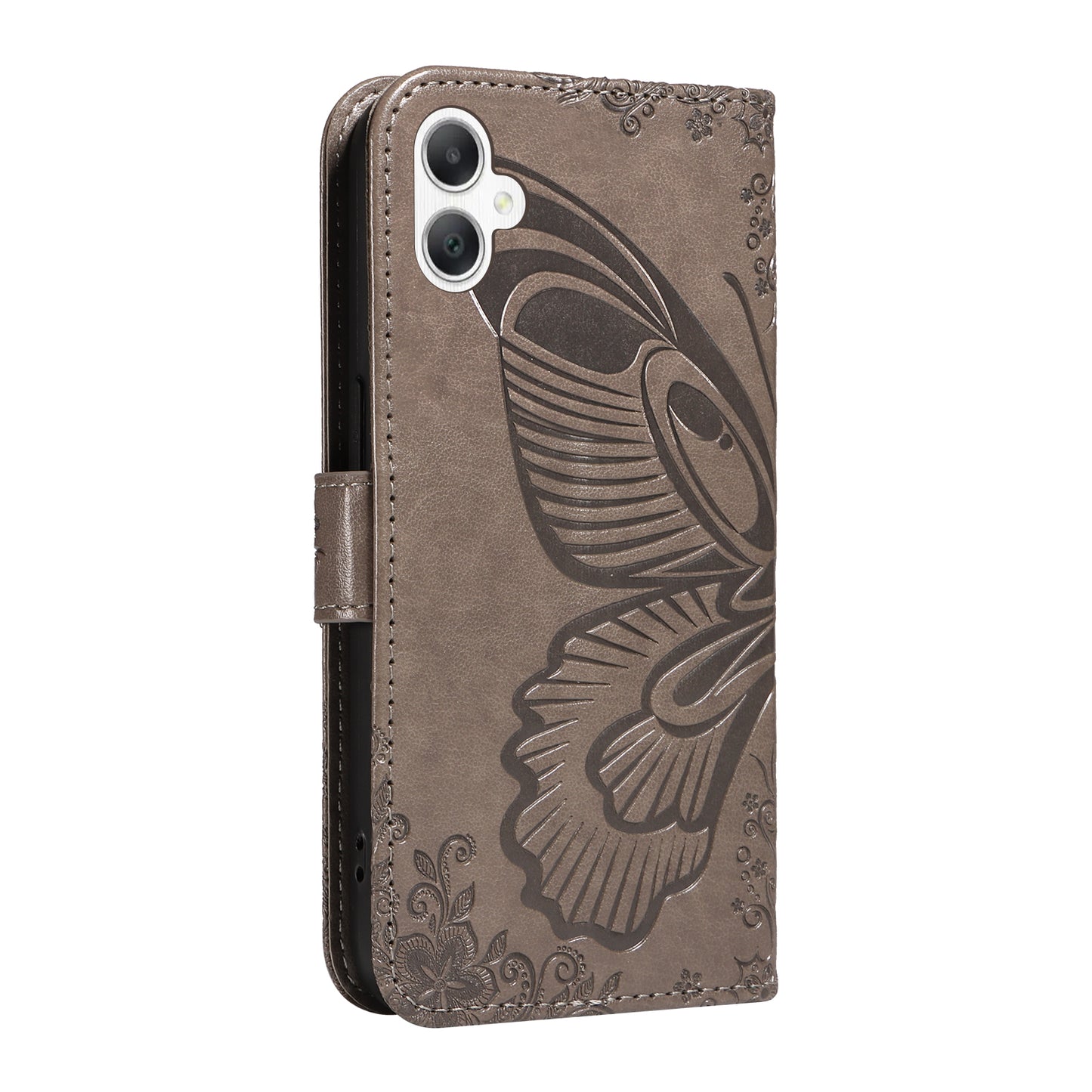 For Samsung Galaxy A06 Case Butterfly Pattern Leather Wallet Flip Phone Cover - Grey
