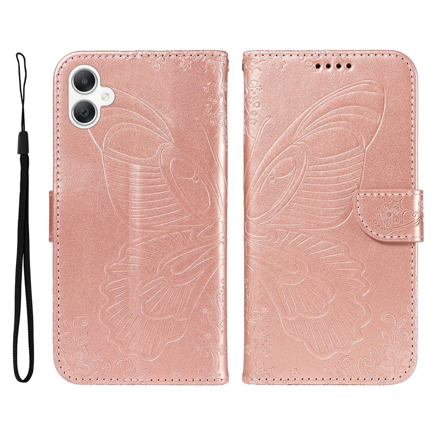For Samsung Galaxy A06 Case Butterfly Pattern Leather Wallet Flip Phone Cover - Rose Gold