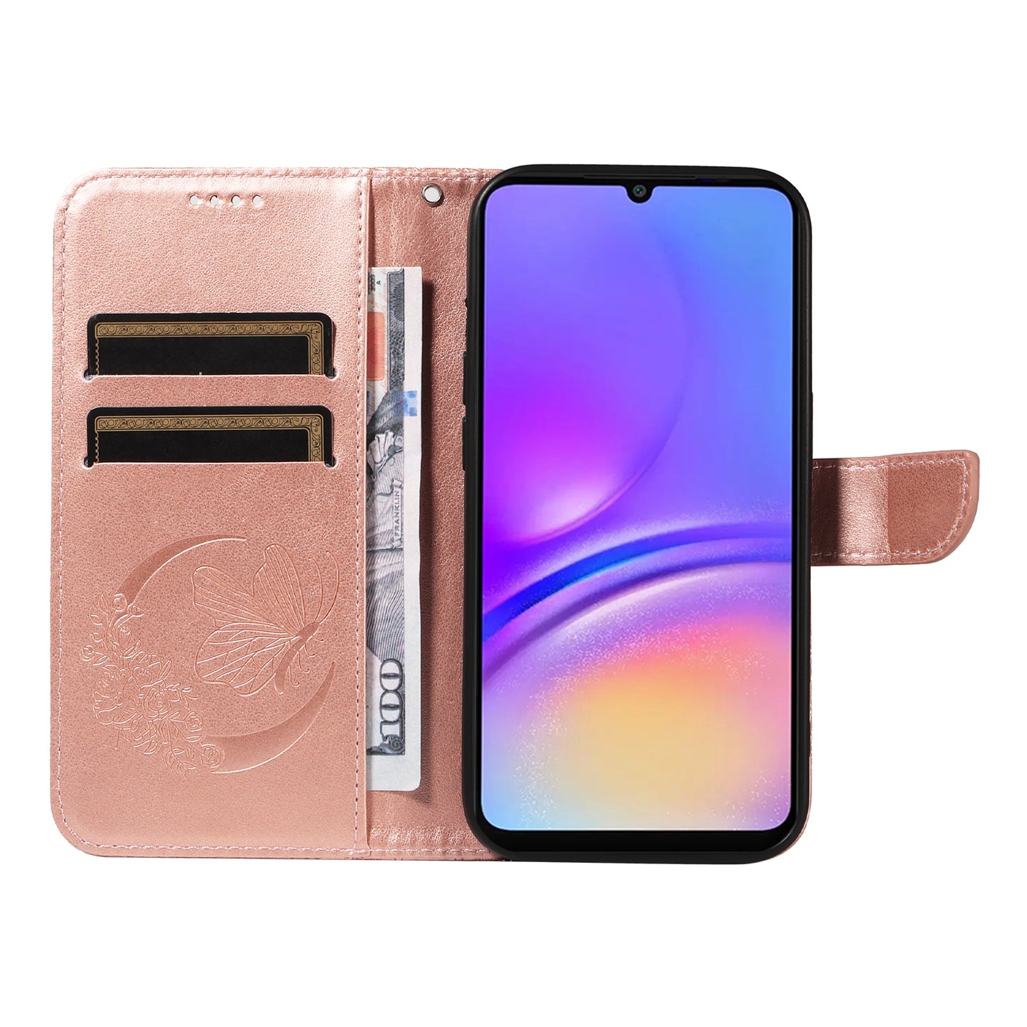 For Samsung Galaxy A06 Case Butterfly Pattern Leather Wallet Flip Phone Cover - Rose Gold